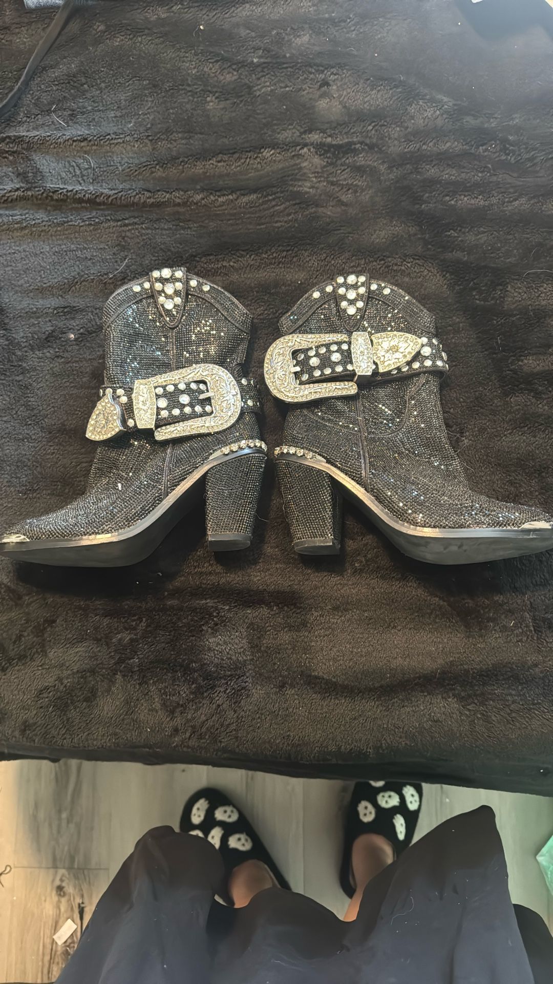 Black Buckled Rhinestone Cowgirl Boots