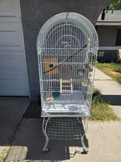 Large White Dome Top Bird Cage on Wheels