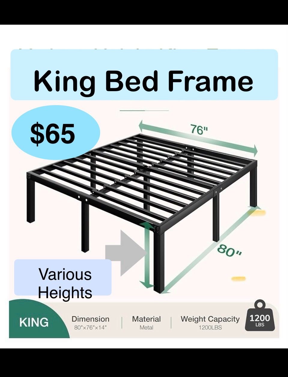 14” or 18” KING SIZE METAL BED FRAMES- Simple and Atmospheric Metal Platform Bed Frame, Mattress not Included, Storage Space Under The Bed Size Ki