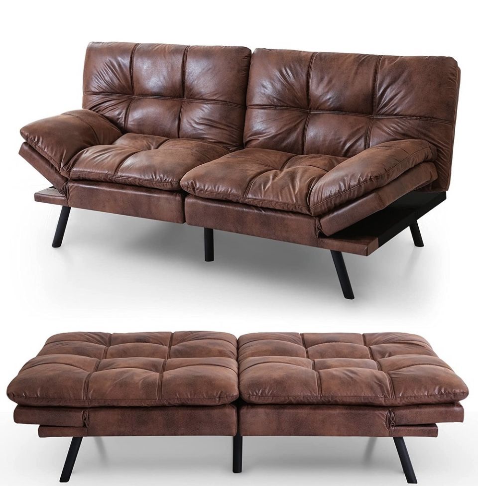 Modern Faux Leather Futon with Memory Foam and Adjustable Armrests 