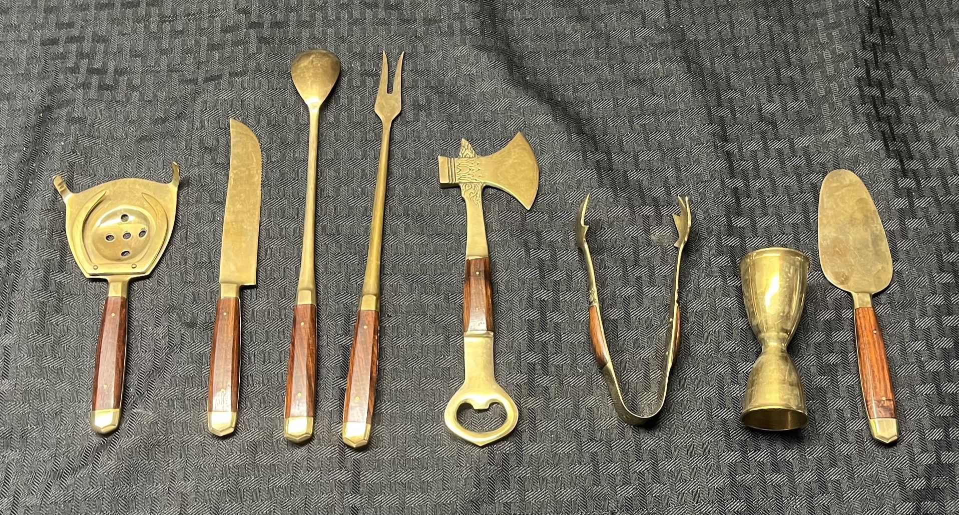 Mid-Century 8 Piece Brass and Wood Bar Tool Set