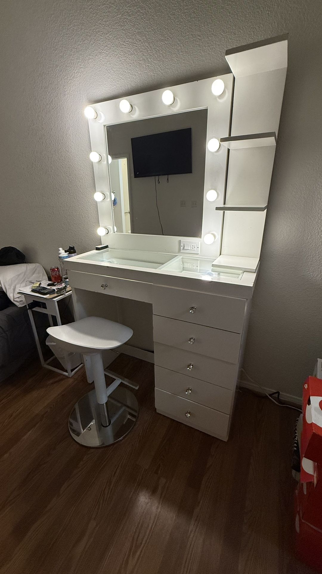 White Vanity & Stool (Color Changing Lights)