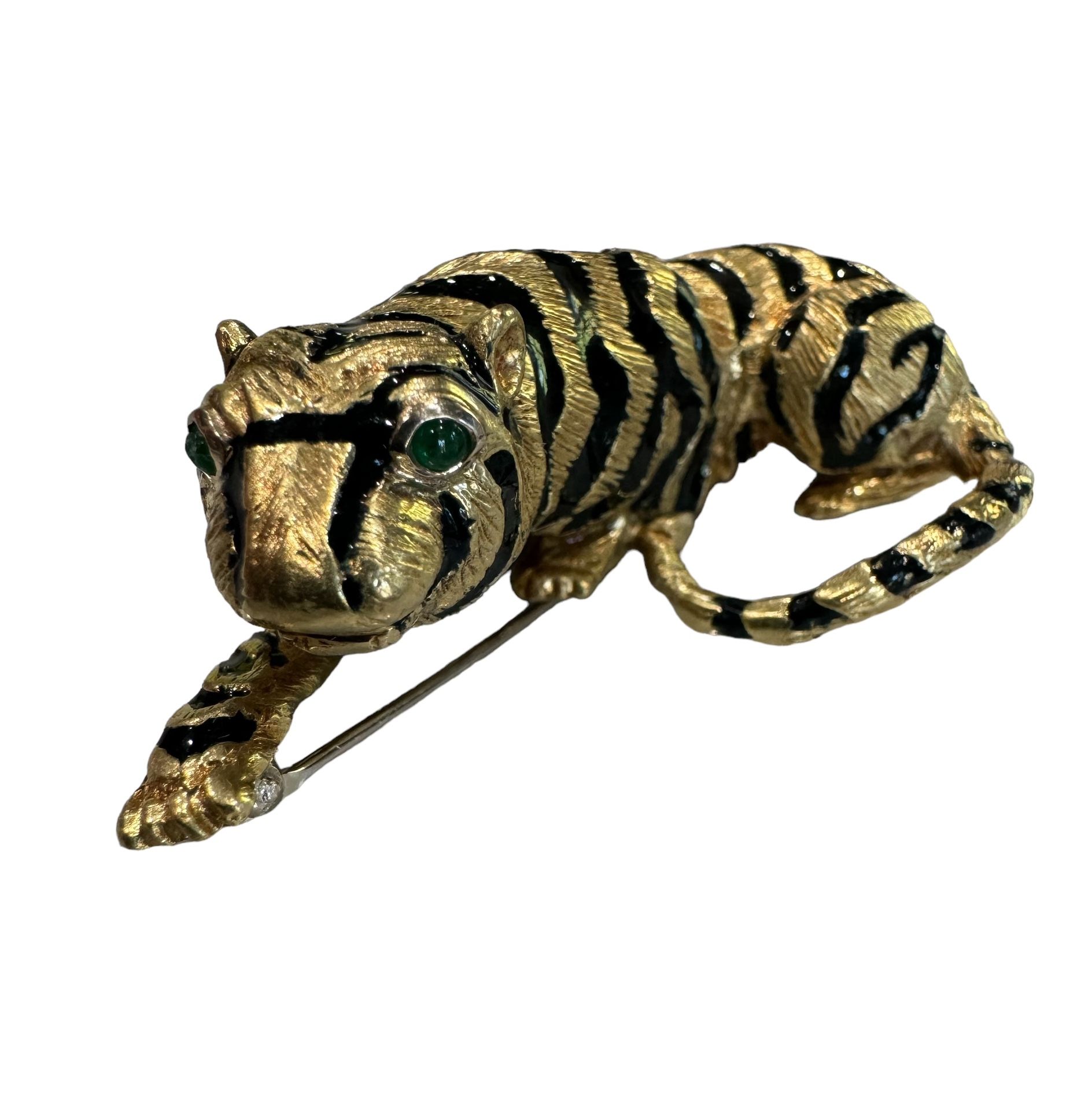 18k Enamel Emerald Tiger Brooch 47.63 Grams! $2890 SCRAP!