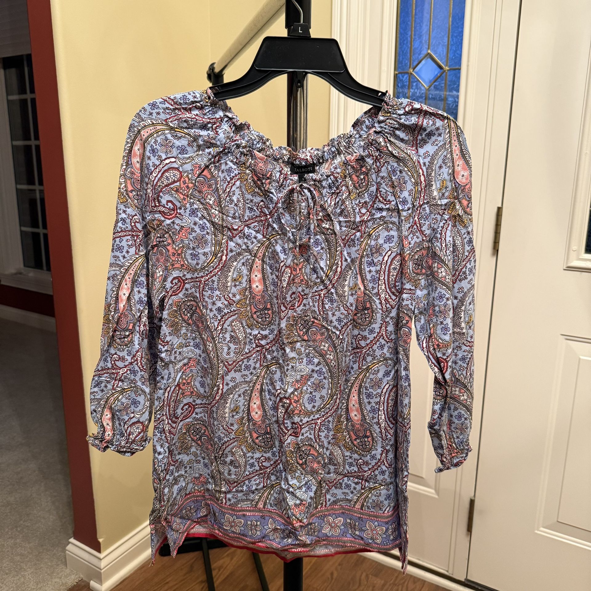 Talbots Top Small Blue Pink Paisley Peasant Blouse Tie-Neck Women's