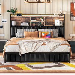 King size rust wood bedframe with LED lights