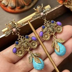 Bee Flower Imitation Turquoise Inlaid Gemstone Natural Fashion Metal Multicolor Women Earrings 