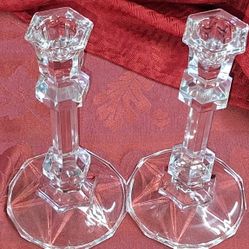 Set Of Two Vintage Crystal Glass Candlestick Holders 7 1/2 Inches Tall G1D013