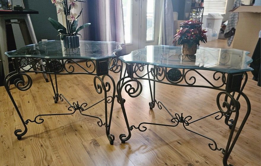 WROUGHT IRON AND GLASS END TABLES