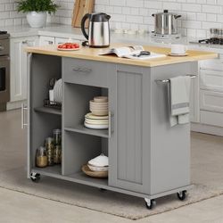 New Kitchen Islands Carts with Drop Leaf Table 1 Drawer 5 Wheels 2 Magnetic Doors Rolling Storage Cabinet Gray  New in box SHX1743-GR B20 * Flexible C