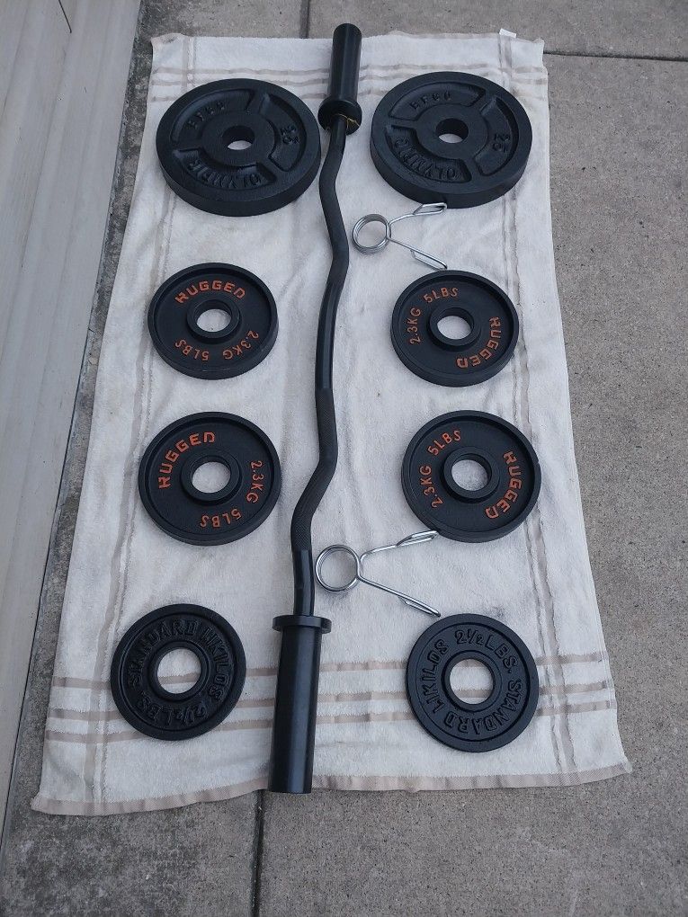 OLYMPIC CURL BAR / CLIPS/WEIGHTS 