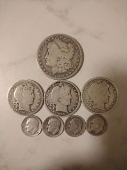 2 ounces of Silver . Morgan Dollar, Barber 50 cents, Roosevelt Dimes