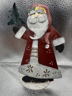 Vintage Rustic Tin Santa Claus Candle Holder Metal Tea Light Folk Art Christmas