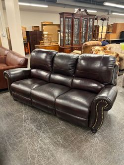 Dark Brown Three-Seat Reclining Sofa with Nailhead Trim