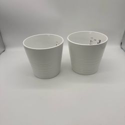 Set of 2 IKEA MUSKOT White Ceramic Plant Pot Modern Ribbed Indoor Flower Planter