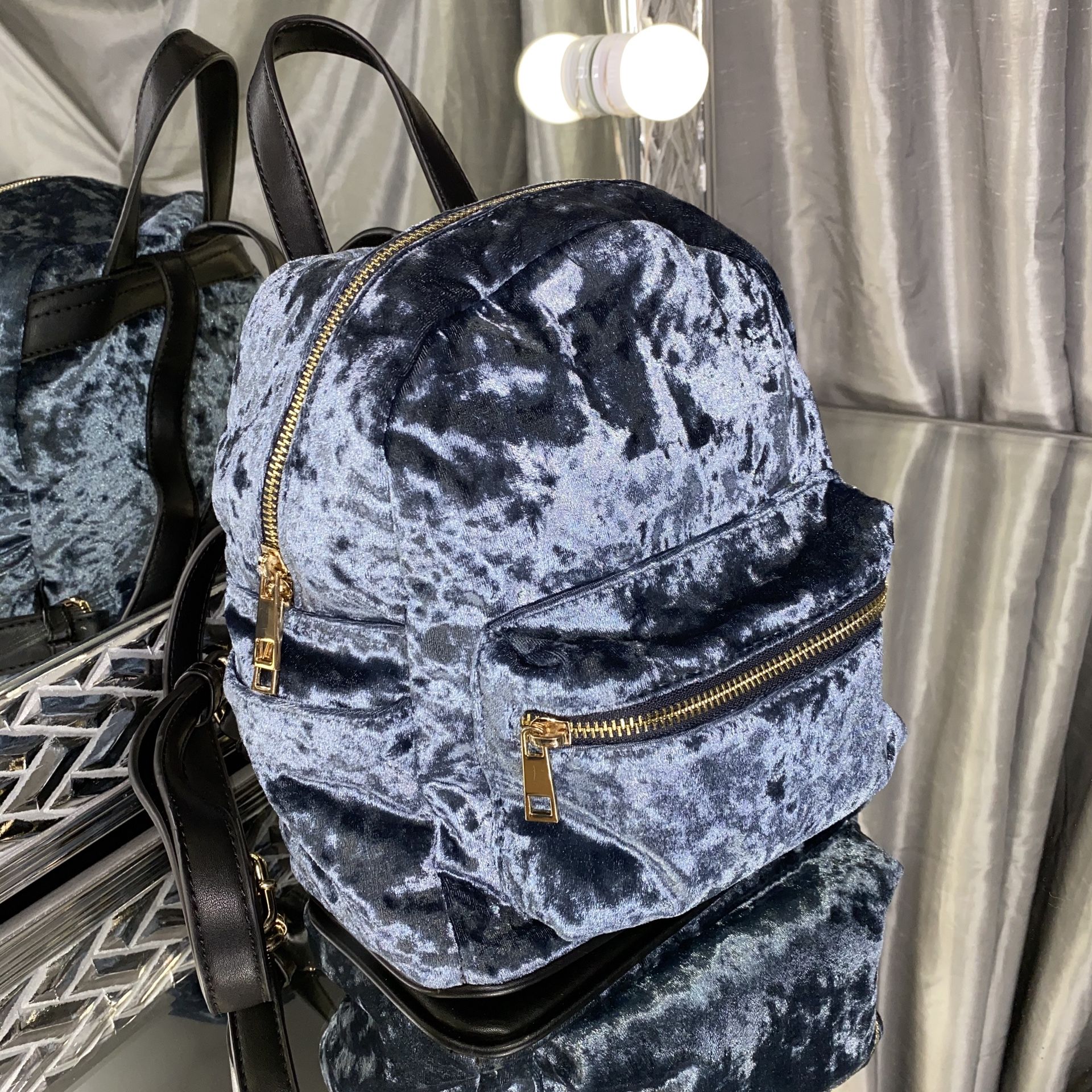 Navy Blue Velvet Mini Backpack
