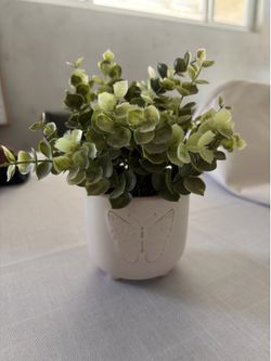 White ceramic butterfly planter with fake green eucalyptus