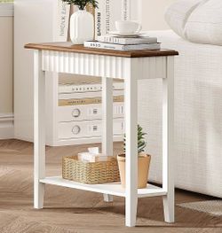 Narrow Triangle Side Table with 2-Tier Storage Shelf, White