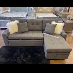 Grey Sectional Sofa Pullout Bed With Storage 89”x 59”