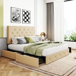 Beige Queen Fabric Platform Bed Frame with 4 Storage Drawers & Adjustable Headboard, Adult 