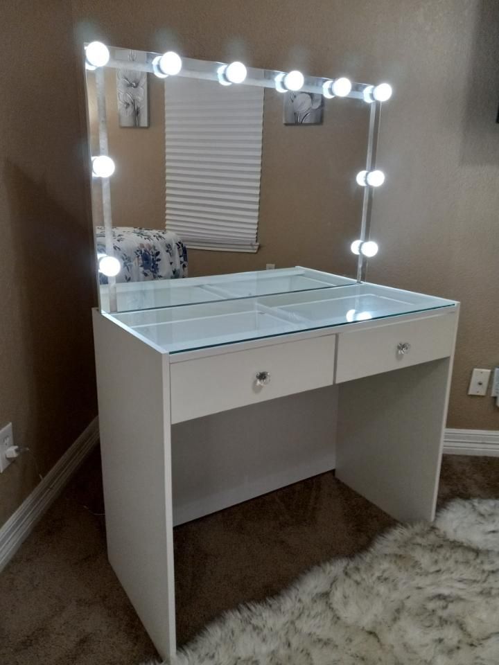 Title   Vanity Desk with Clear Top Glass Desk and Mirror with 10 LED Lights