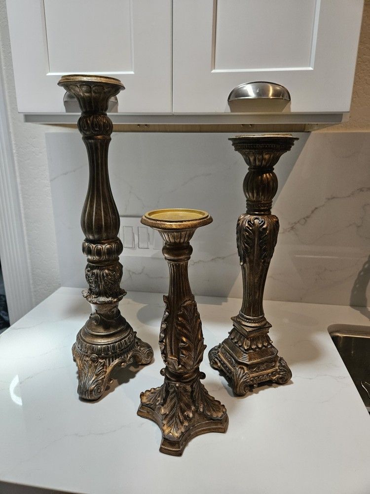 Fitz & Floyd Bronze Resin Tall Floor Pillar Candlesticks With Candles Set Of 3