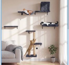 FUKUMARU Cat Wall Shelves, Stable & Safe 5 in 1 Cat Walls Furniture Set, Wooden Kitten Climbing Wall with Scratching Post for 16 Inch Drywall - Gray