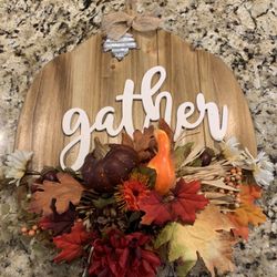 New 14 By 16 Inches Wooden Pumpkin W/ Fall/Thanksgiving Flowers & Saying Gather In Raised White Letters, Even Has Metal Leaf Accent