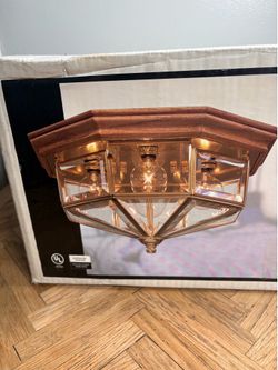 VTG 4 Light Polished Brass Oak Finish Flush Mount 9-3/4" w/ Clear Glass