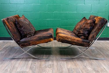 Pair of Barcelona Style Chairs w/ Brindle Cowhide - Great Condition - Delivery Available