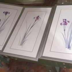 3 Piece Gray Metal Franed And Matted Floral Panel Art Deco Set