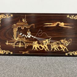 Inlaid Wood Marquetry Panel 30”x14.5” Lord Krishna & Prince Arjuna