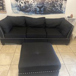 Black Sectional Sofa Couch Studded Nail Head