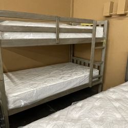 Solid Wood Gray Twin/Twin Bunk Bed with Mattresses