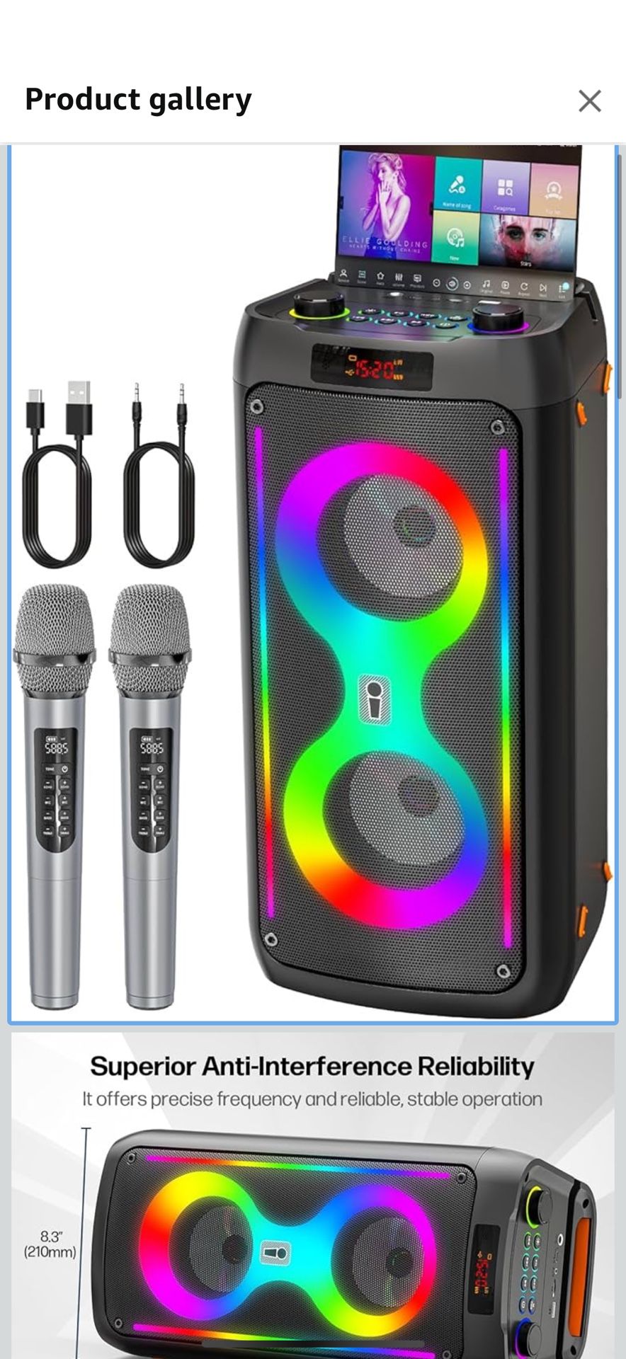 Karaoke Machine, Portable Bluetooth Speaker with 2 Wireless Microphones, PA System with Disco Lights for Big Party, Outdoor, Supports USB/TF/REC/AUX, 