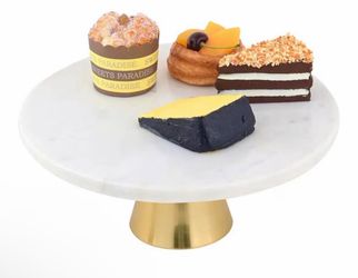 Luxury 9” White Marble Cake Stand with Gold Base |Round Dessert Cupcake Display