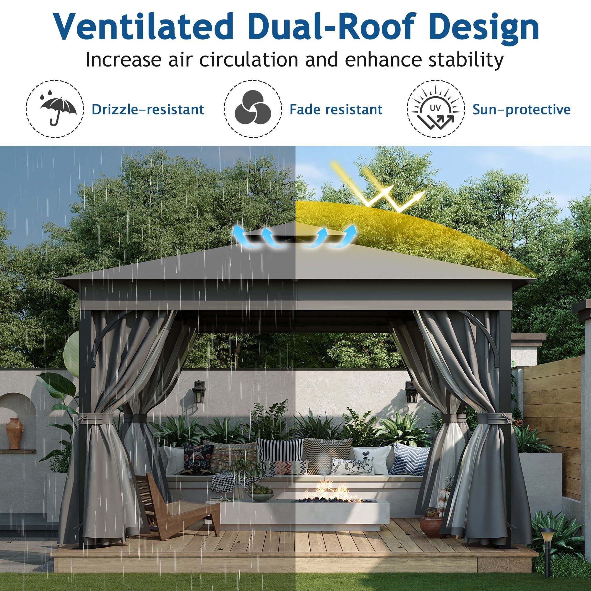 TREXM 10x12 Outdoor Gazebo Tent with Double Roofs, Patio Gazebo with Mosquito Netting and Privacy Screens, Patio Canopy for Shade and Rain for Backyar