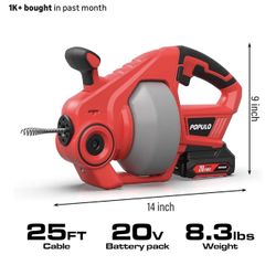 POPULO 20V Cordless Electric Drain Auger-Efficient 25Ft