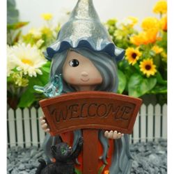Orb Magic Girl Welcome With Cat Sign Solar Powered Statue - BY MARK & MARGOT
