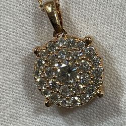 14K Rose Gold Cluster Round Pave Diamond 0.75ct Pendant Chain Necklace 18"