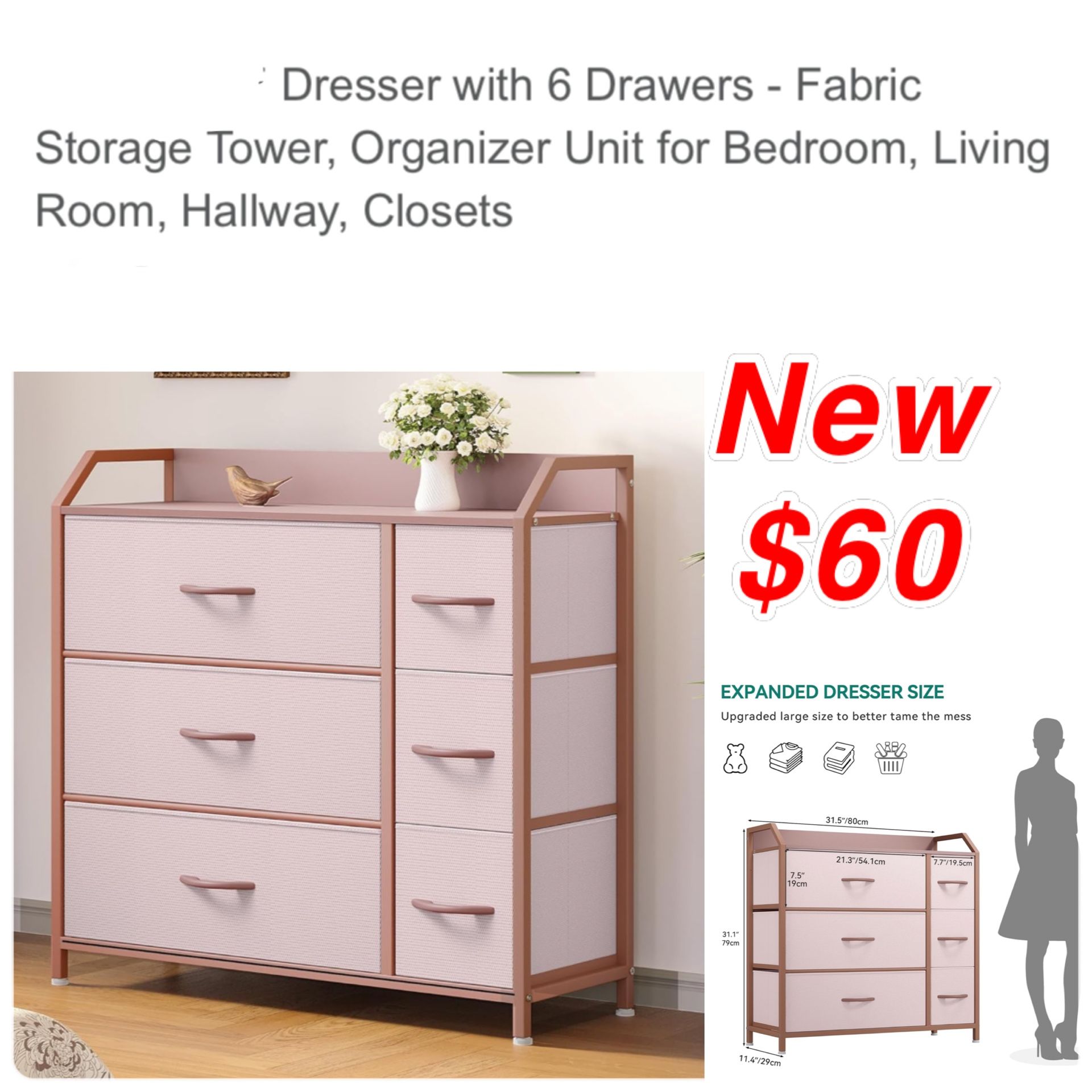 New in box Fabric Dresser with 6 Drawers Fabric Storage Tower Organizer Closets for Bedroom $60 cash only
