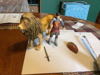 The Chronicles of Narnia Prince Peter Pevensie 5” with shield and sword and Aslan the Lion (tip of tail missing but difficult to tell From Disney All 