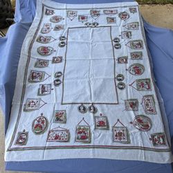 1950’s Vintage Linen Tablecloth Block Print 49”x61” Rectangle Hanging Photos  **Has staining and minor damage as shown