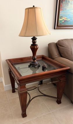Wood and Glass End Table with Metal Stretchers
