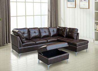 Brown Sectional w/Nailhead & Storage Ottoman