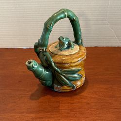 99 Glazed Japanese Pottery Bamboo Teapot with Frog on Lid Vintage 7” X 6” A31