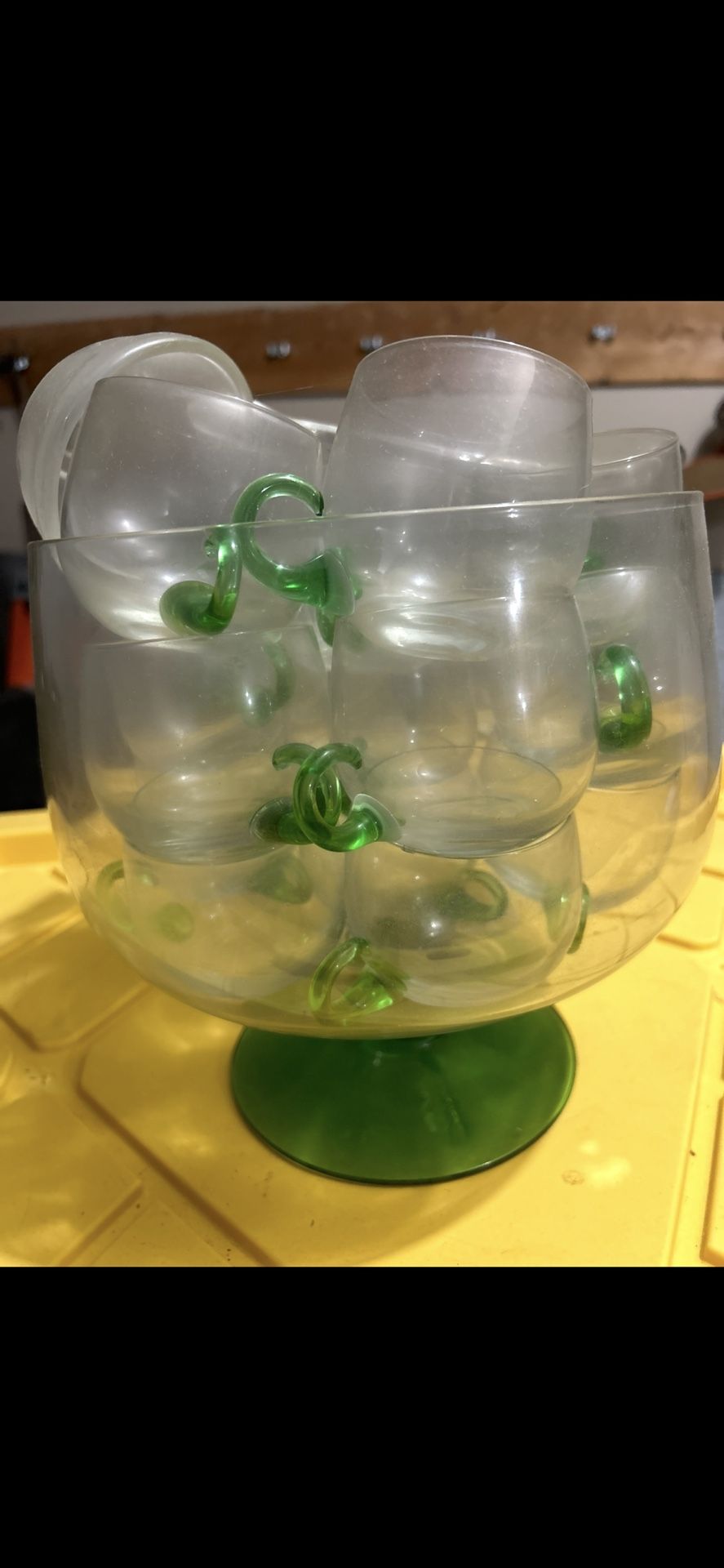 Green Glass Punch Bowl With Cups And Ladle