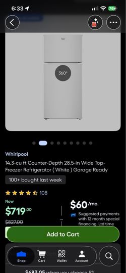 Brand New Whirlpool 14.3-cu ft Counter-Depth 28.5-in Wide Top-Freezer Refrigerator ( White ) Garage Ready