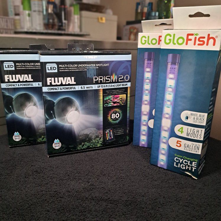 4 (four) AQUARIUM LIGHTS - 2 X FLUVAL PRISM 2.0 MULTI-COLOR UNDERWATER SPOTLIGHT & 2 X GLO FISH COLOR CHANGING CYCLE LIGHTS - BRAND NEW UNOPENED