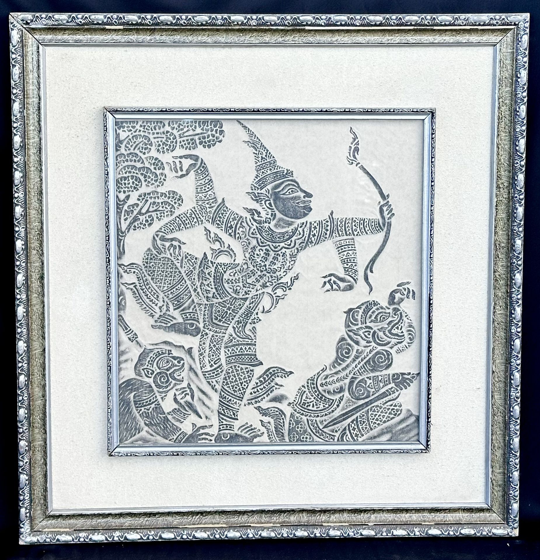 Vintage Angkor Wat Thai Cambodian Temple Art Rubbing On Rice Paper Frame 26 x 27 inches