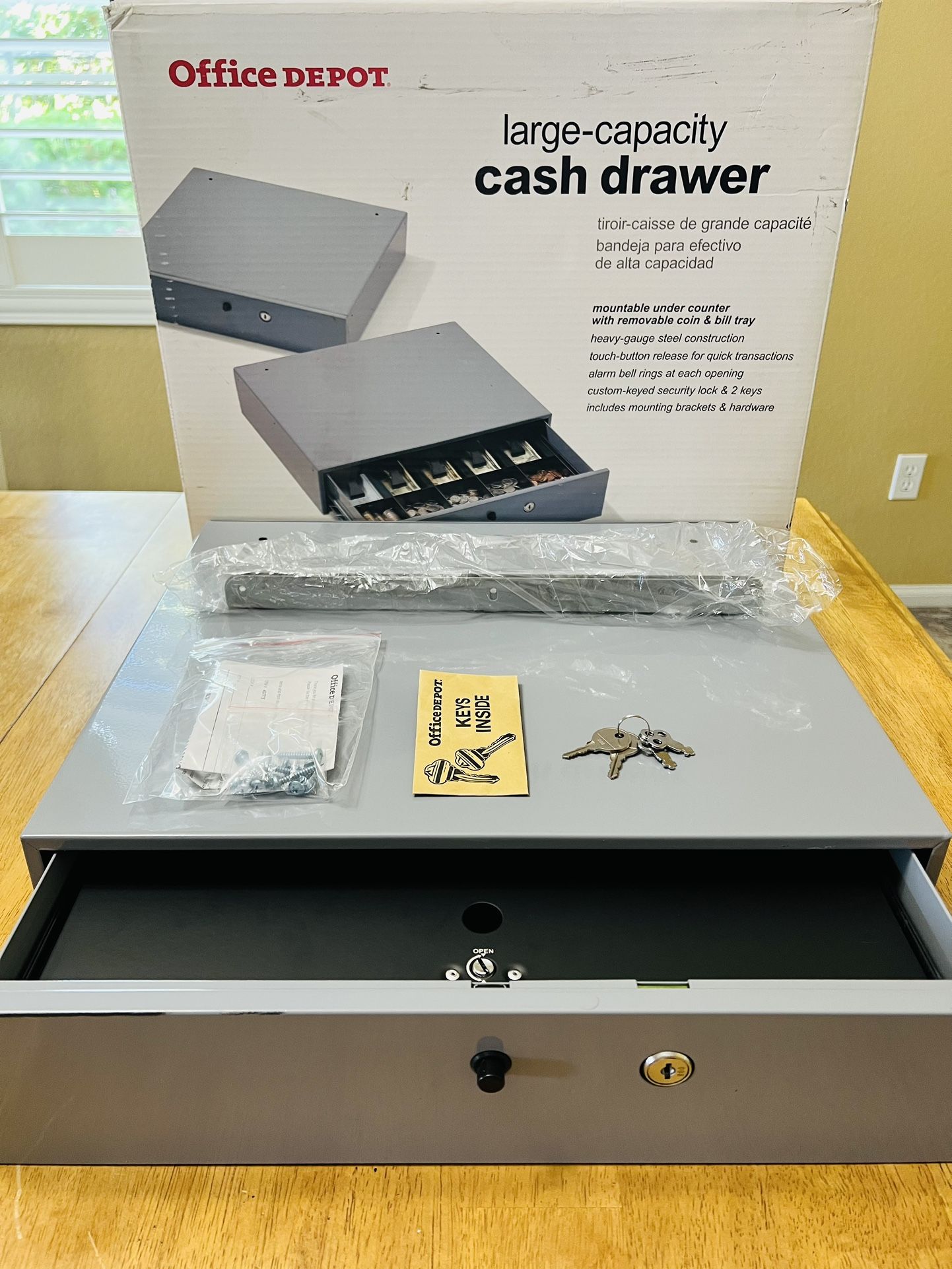 *New Open Box* Office Depot Heavy Gauge Steel, Lockable Large-Capacity Manual Cash Drawer, 3-7/8"H x 17- 3/4"W x 15-7/8"D, Gray, w/Mounting Brackets